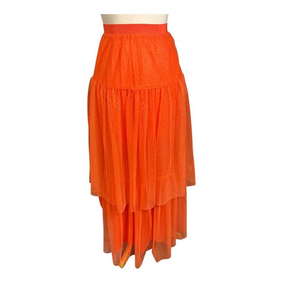 Anthropologie Orange Tiered Maxi Skirt Size Small Pull-On Mesh Overlay Boho Flow - Picture 9 of 10